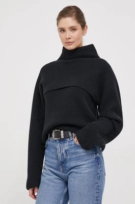 Calvin Klein sweter wełniany damski kolor czarny ciepły z golfem