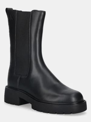 Calvin Klein sztyblety skórzane CHUNKY HIGH CHELSEA kolor czarny na płaskim obcasie YW0YW01909