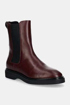 Calvin Klein sztyblety skórzane FLAT CHELSEA BOOT LTH damskie kolor bordowy na płaskim obcasie HW0HW02180