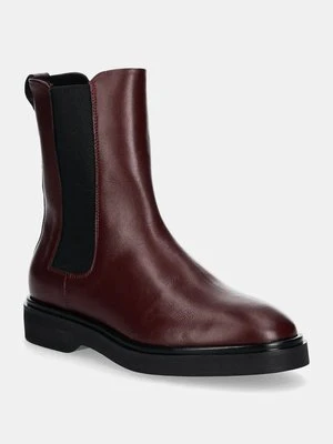 Calvin Klein sztyblety skórzane FLAT CHELSEA BOOT LTH damskie kolor bordowy na płaskim obcasie HW0HW02180