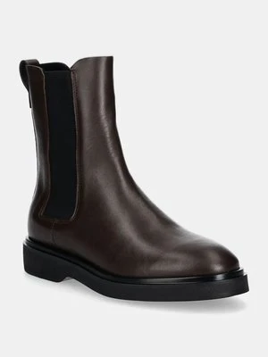 Calvin Klein sztyblety skórzane FLAT CHELSEA BOOT LTH damskie kolor brązowy na płaskim obcasie HW0HW02180