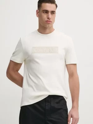 Calvin Klein t-shirt bawełniany męski kolor beżowy z aplikacją K10K112491