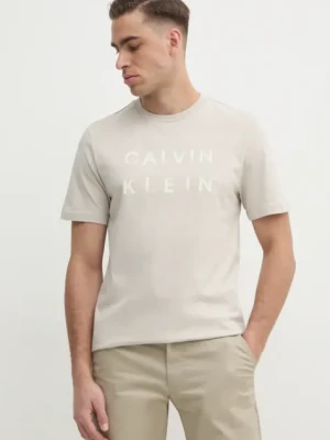 Calvin Klein t-shirt bawełniany męski kolor beżowy z nadrukiem K10K114156