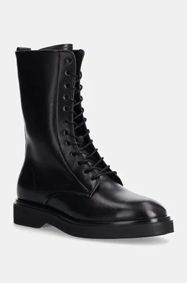 Calvin Klein workery skórzane FLAT MID LACE UP BOOT LTH damskie kolor czarny na płaskim obcasie HW0HW02181