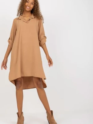 Camelowa koszulowa sukienka damska one size z długim rękawem Italy Moda