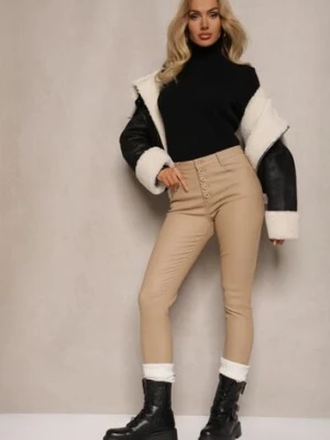 Jasnobrązowe Modelujące Spodnie z Ekoskóry o Fasonie Skinny Caetana