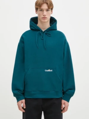 Carhartt WIP bluza bawełniana Hooded Label Script Sweat męska kolor turkusowy z kapturem gładka I034430.2M1XX