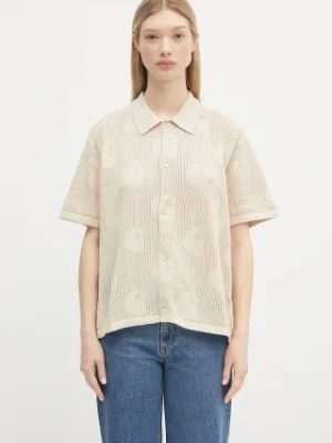 Carhartt WIP koszula bawełniana W’ S/S Temple Knit Shirt damska kolor beżowy relaxed z kołnierzykiem klasycznym I034541