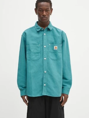 Carhartt WIP koszula z domieszką lnu Walter męska kolor zielony relaxed z kołnierzykiem klasycznym I033578.2ZUGD