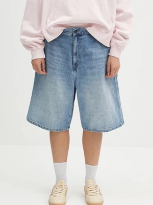 Carhartt WIP szorty jeansowe Brandon Single Knee Short damskie kolor niebieski gładkie high waist I034875