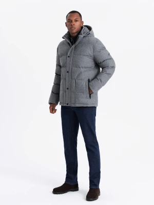 Casualowa kurtka męska puffer z wełną – szary melanż V1 Ombre Clothing