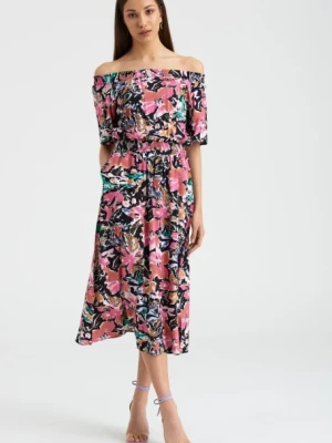 Casualowa sukienka z kwiatowym nadrukiem, dekolt carmen Greenpoint