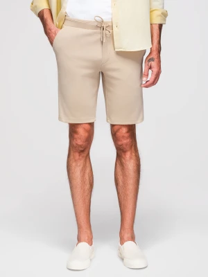Casualowe szorty męskie SLIM FIT z dzianiny żakardowej – beżowe V2 - Rozmiar: XL Ombre Clothing