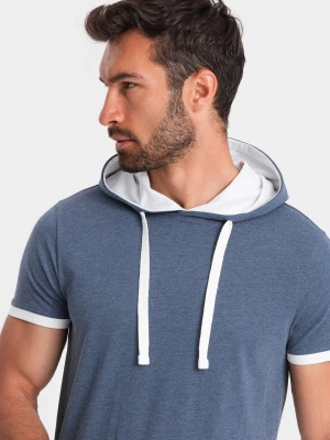 Casualowy męski t-shirt bawełniany z kapturem – ciemnoniebieski melanż V12 - Rozmiar: M Ombre Clothing