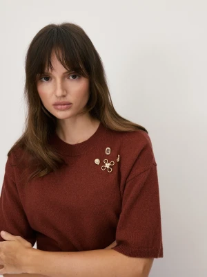 Ceglany sweter z krótkim rękawem z merceryzowanej wełny Taranko BORDO