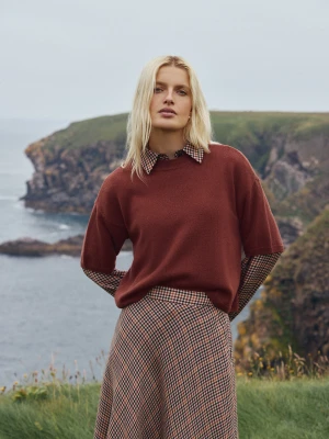 Ceglany sweter z krótkim rękawem z merceryzowanej wełny Taranko BORDO