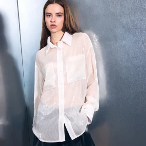 Cekinowa koszula z długim rękawem kremowa House