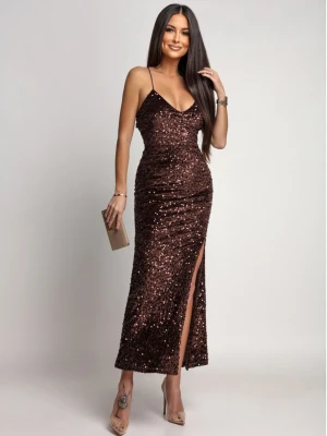 Cekinowa sukienka z odkrytymi plecami VINONA - czekoladowa  magmac 