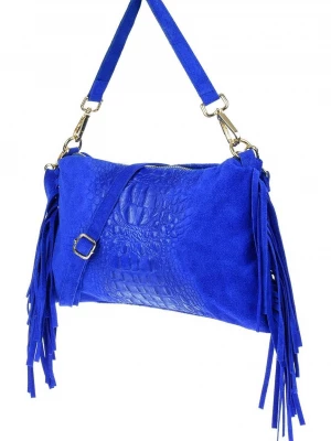 Chabrowa damska włoska skórzana torebka frędzel pozioma niebieski Merg