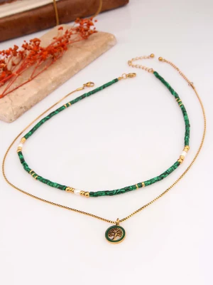 Charlize Pozłacany naszyjnik z malachitem i perłami - dł. 50 cm rozmiar: onesize
