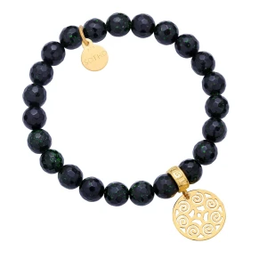 Ciemno zielona bransoletka szmaragdy Nilu zdobione złotą rozetką SOTHO