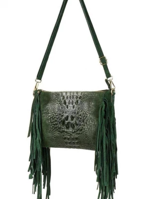Ciemno- zielona damska włoska skórzana torebka frędzel pozioma zielony Merg
