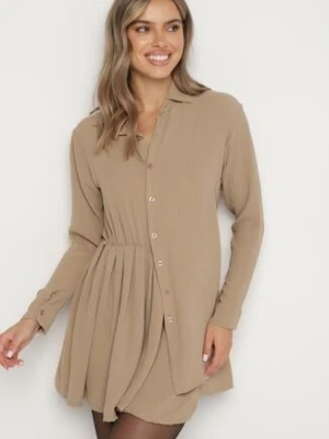 Ciemnobeżowa Asymetryczna Sukienka o Koszulowym Kroju z Gumką w Talii Elodina j studio