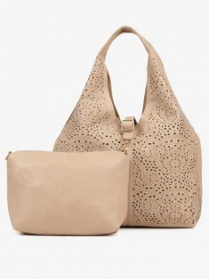 Ciemnobeżowa Ażurowa Torebka Hobo z Dodatkową Saszetką Frosira andrea massi