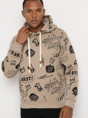 Ciemnobeżowa Bluza z Bawełną i Kapturem Ozdobiona Abstrakcyjnym Wzorem Arsolea