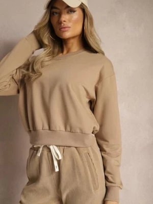 Zdjęcie produktu Ciemnobeżowa Bluza z Bawełną ze Ściągaczami przy Rękawach i w Pasie Alberia J.style Beżowy