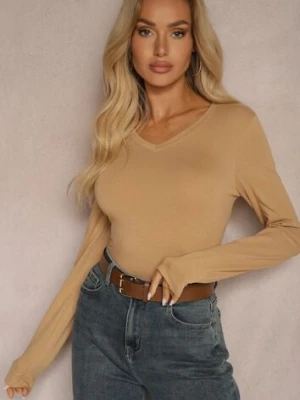 Ciemnobeżowa Bluzka Bawełniana Typu Longsleeve Mialoraea glo-story