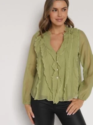 Zielona Bluzka Koszulowa z Dekoltem w Serek Zdobiona Falbankami Nailiphis