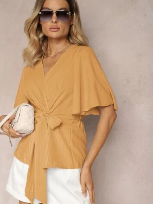 Ciemnobeżowa Bluzka o Kopertowym Dekolcie z Wiązaniem w Talii Risabellna cflo