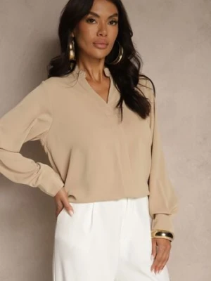 Ciemnobeżowa Bluzka z Dekoltem w Kształcie Litery V Zdobionym Falbanką Davissia new collection