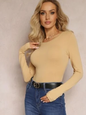 Ciemnobeżowa Bluzka z Elastycznej Bawełny o Dopasowanym Kroju Evas glo-story