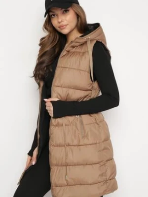 Ciemnobeżowa Długa Kamizelka Dwustronna Zapinana na Suwak z Pikowaniem i Troczkiem w Pasie Heddemia bh forever