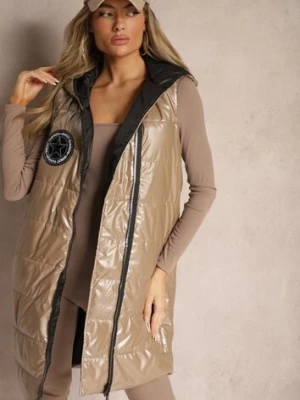 Ciemnobeżowa Długa Kamizelka Pikowana z Naszywką i Kapturem Mevianis swest