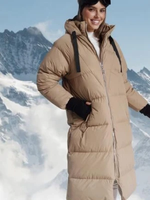 Ciemnobeżowa Długa Kurtka Pikowana Płaszcz na Zamek z Kapturem Lesea j.style