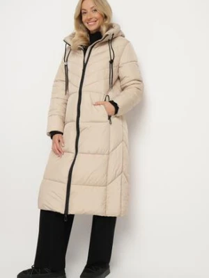 Ciemnobeżowa Długa Kurtka Pikowana z Dwustronnym Suwakiem i Ściągaczami przy Kapturze Fezida glo-story