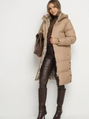 Ciemnobeżowa Długa Kurtka Pikowana z Kapturem Genama j.style