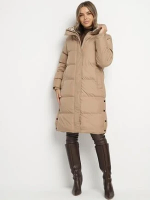 Ciemnobeżowa Długa Kurtka Pikowana z Kapturem Genama j.style