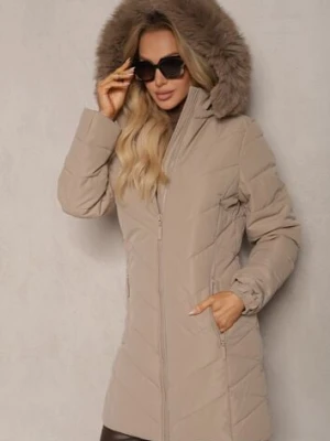 Ciemnobeżowa Długa Kurtka z Pikowanym Wzorem i Odpinanym Futerkiem Raishae emt