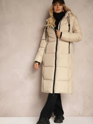 Ciemnobeżowa Długa Kurtka z Pikowanymi Przeszyciami Dwustronnym Suwakiem i Kapturem Fezilda glo-story