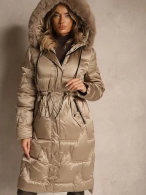 Ciemnobeżowa Długa Kurtka z Pikowanymi Przeszyciami i Kapturem Ściągana w Talii Galeatia swest