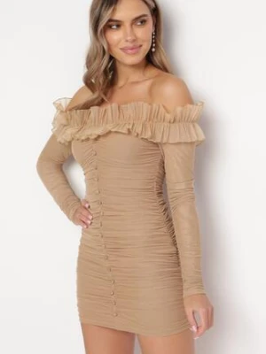 Ciemnobeżowa Dopasowana Sukienka Hiszpanka z Falbanką Turlia