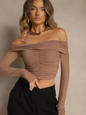 Ciemnobeżowa Drapowana Bluzka VICES z Odkrytymi Ramionami i Siateczkowymi Rękawami Atevite