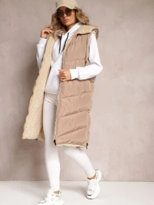 Ciemnobeżowa Dwustronna Kamizelka Pikowana z Futerkiem Madalan h&s