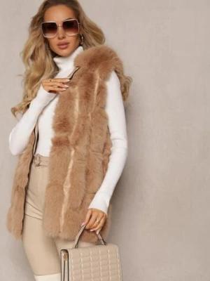 Ciemnobeżowa Futrzana Kamizelka z Kapturem Konessa