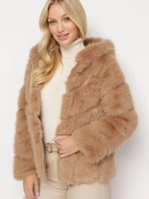 Ciemnobeżowa Futrzana Kurtka z Kapturem Daviella wool fashion