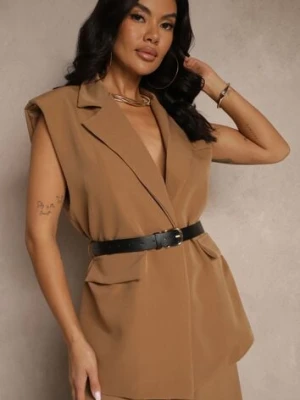 Jasnobrązowa Kamizelka Oversize w Garniturowym Stylu z Guzikiem i Paskiem z Klamrą Galazia new collection
